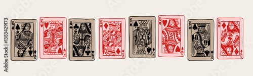 Queens and Kings of diamonds, clubs, hearts, spades. Playing Royal cards. Gambling, poker concept. Unique trendy style. Hand drawn modern Vector illustration. Poster, print, logo design templates