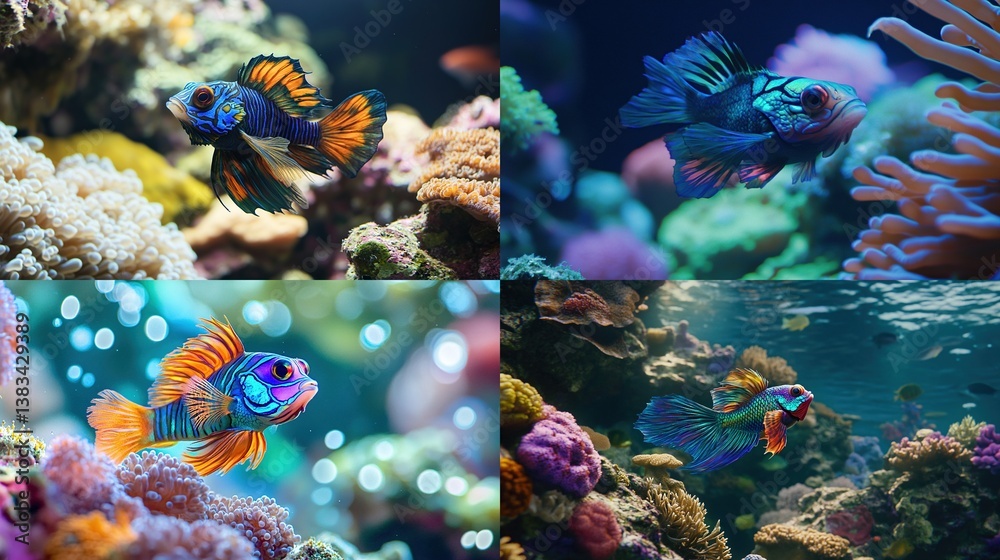 Fototapeta premium Vibrant mandarin fish in diverse coral reef habitats.