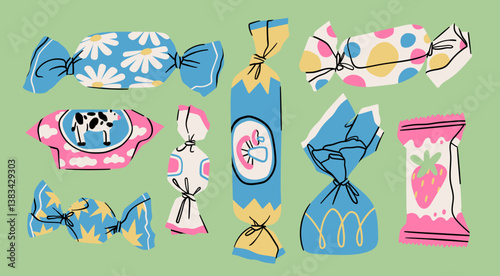Various Candy, sweets set. Different wrappers, colors, shapes. Fruit, chocolate, caramel, lollipop, gummies. Hand drawn Vector illustration. Sugar confectionery concept. Isolated design elements