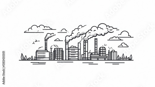 Industrial landscape drawing, factory smoke, simple illustration, background, graphic design, print, web use