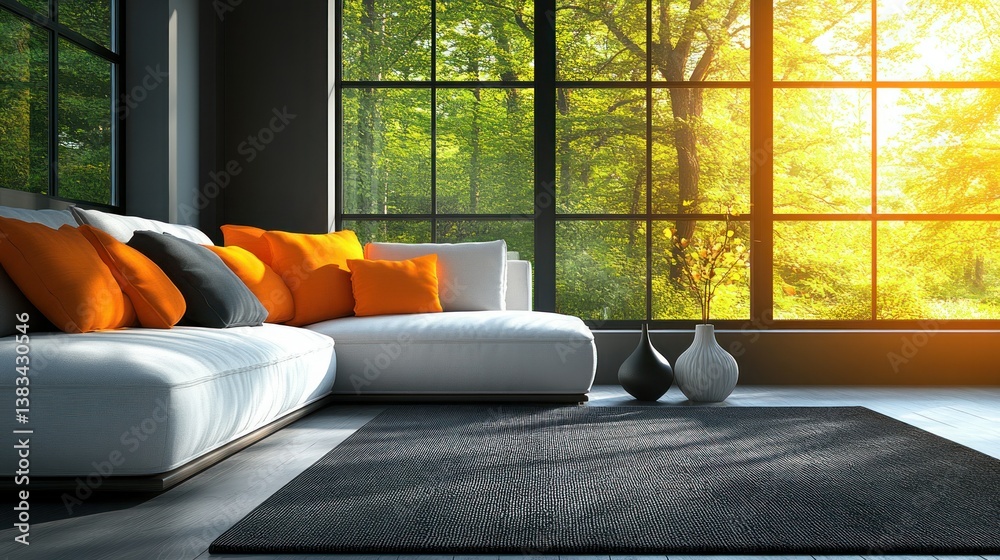 Obraz premium Modern living room with large windows overlooking a forest, sunny day