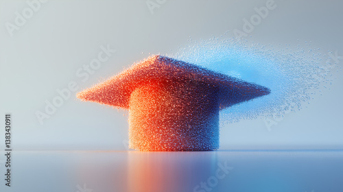a graduation cap created with a grainy 3D effect, set against a soft-focus background. It is a modern representation of academic success