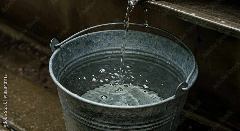 Collecting Rainwater in a Metal Bucket from Gutter for Garden Use Collecting Rainwater in a Metal Bucket from Gutter for Garden Use