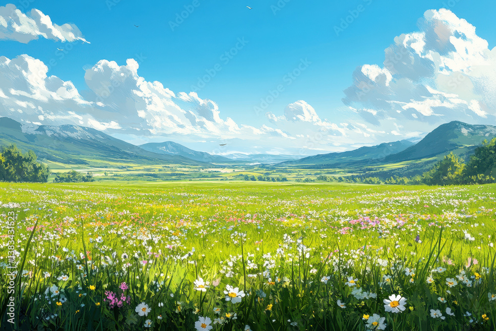 Fototapeta premium Vibrant flower field with a bird soaring above.