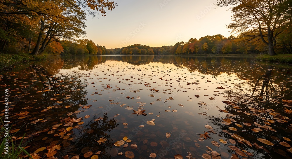 Obraz premium Autumn Sunset Lake Reflection: Golden Leaves on Calm Water AI Generated