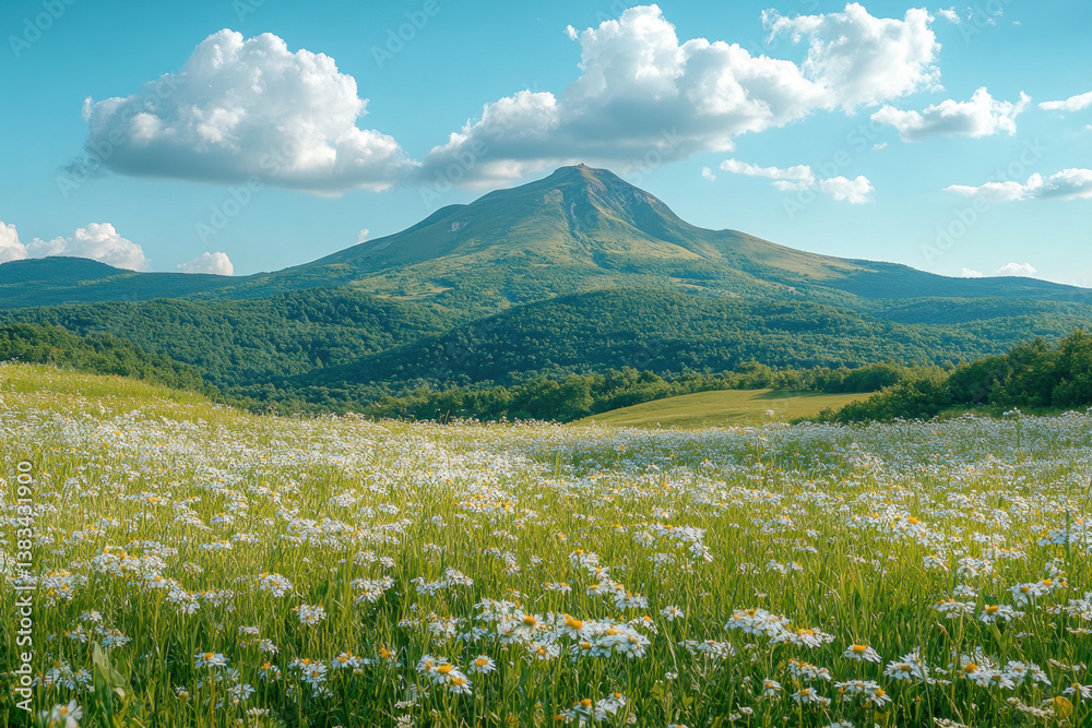 Fototapeta premium Vibrant field of flowers with a majestic mountain backdrop.