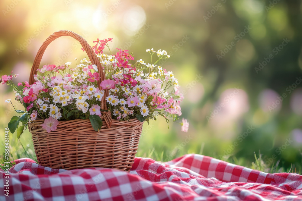 Basket brimming with colorful flowers rests on a cozy blanket in a lush meadow setting, creating a serene and vibrant scene. Basket brimming with colorful flowers rests on a cozy blanket in a lush meadow setting, creating a serene and vibrant scene.