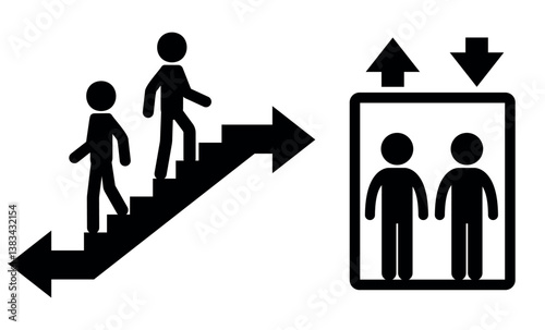 Staircase and Elevator Icons with Stick Figures for Building Navigation and Accessibility Guidance