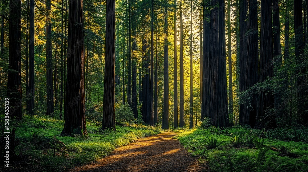 Fototapeta premium A sunlit path winds through a dense and towering forest