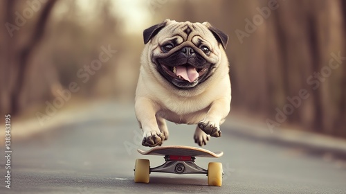 Joyful pug skateboarding down a path outdoor play fun environment upbeat perspective