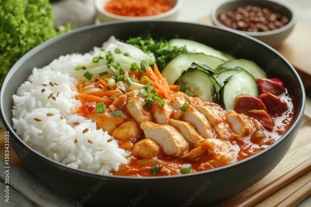 Bowl of chicken curry with rice and vegetables, garnished with cilantro and served on a wooden table. Bowl of chicken curry with rice and vegetables, garnished with cilantro and served on a wooden table.