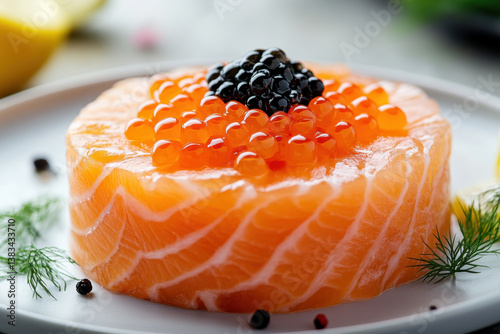 Plate with salmon and caviar, garnished with herbs and lemon slices, placed on a white tablecloth in soft lighting.