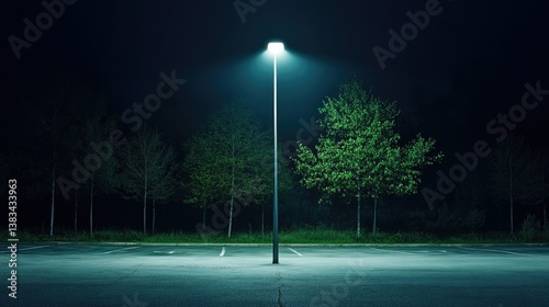 Outdoor emergency floodlight mounted on a pole, illuminating a parking lot at night for security