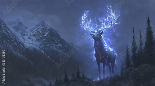 A glowing majestic deer stands in a mountainous winter landscape