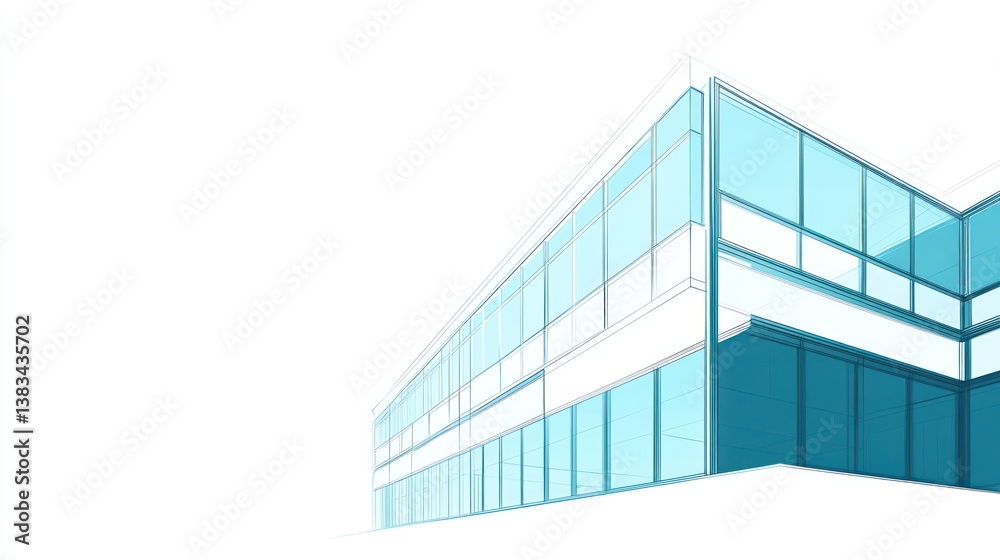 Fototapeta premium Modern glass building architectural design, white background, blueprint style, for real estate
