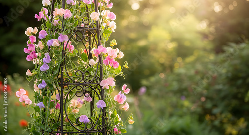Romantic Garden Obelisk Draped with Blooming Sweet Peas In Summer Light