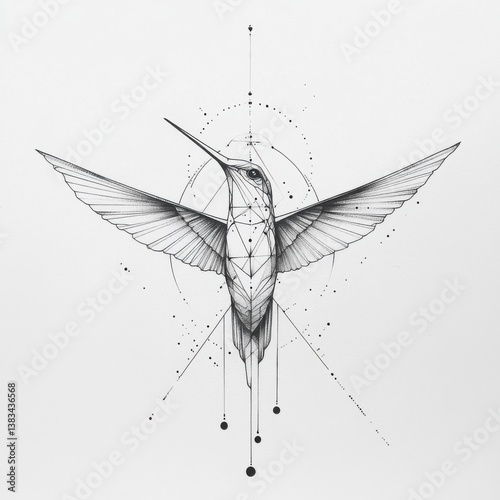 minimalist black and white tattoo, geometric Hummingbird head, fine lines, modern and clean, sacred geometry, abstract symmetry, white background 