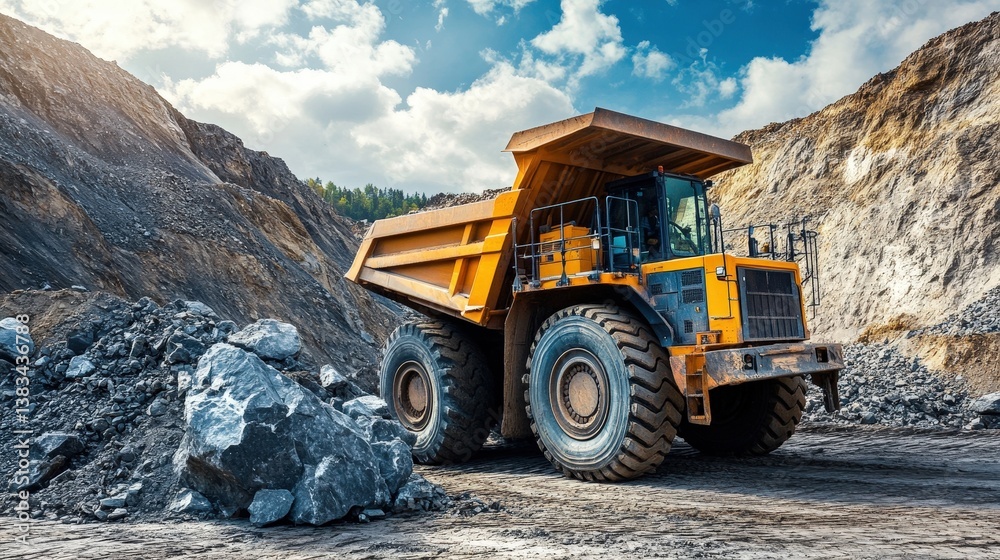 Massive Mining Dump Truck Operating in Quarry, Delivering Raw Material, Heavy Equipment, Industrial Landscape, Construction Site. Massive Mining Dump Truck Operating in Quarry, Delivering Raw Material, Heavy Equipment, Industrial Landscape, Construction Site.
