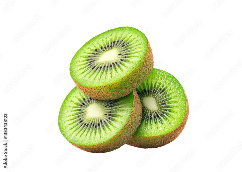 Fototapeta premium Three kiwi fruit slices stacked on a transparent background. Concept of healthy eating and fresh fruit.