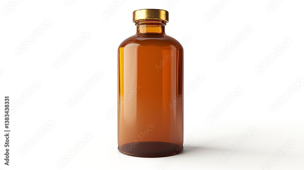 Amber glass bottle featuring a gold screw cap, suitable for pharmaceutical or cosmetic applications, presented isolated on a white background with a touch of generative AI elements. The bottle's elega Amber glass bottle featuring a gold screw cap, suitable for pharmaceutical or cosmetic applications, presented isolated on a white background with a touch of generative AI elements. The bottle's elega