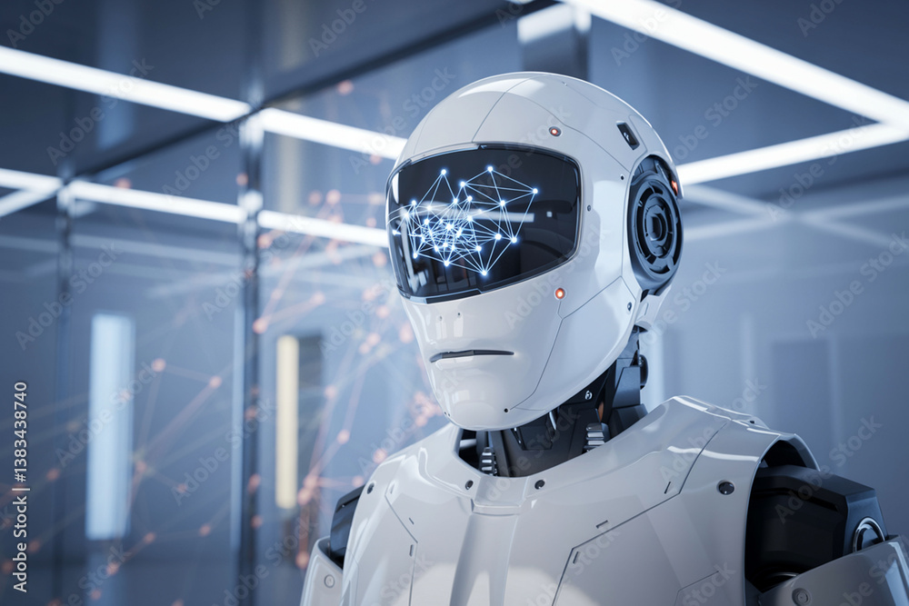 Futuristic Robot With Artificial Intelligence Neural Network In Vision White Ai Head Futuristic Robot With Artificial Intelligence Neural Network In Vision White Ai Head
