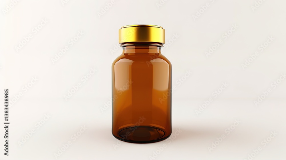 Amber glass bottle featuring a gold screw cap, suitable for pharmaceutical or cosmetic applications, presented isolated on a white background with a touch of generative AI elements. The bottle's elega Amber glass bottle featuring a gold screw cap, suitable for pharmaceutical or cosmetic applications, presented isolated on a white background with a touch of generative AI elements. The bottle's elega