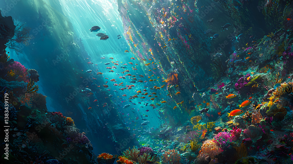 Obraz premium Vibrant Underwater Scene with Colorful Coral and Tropical Fish