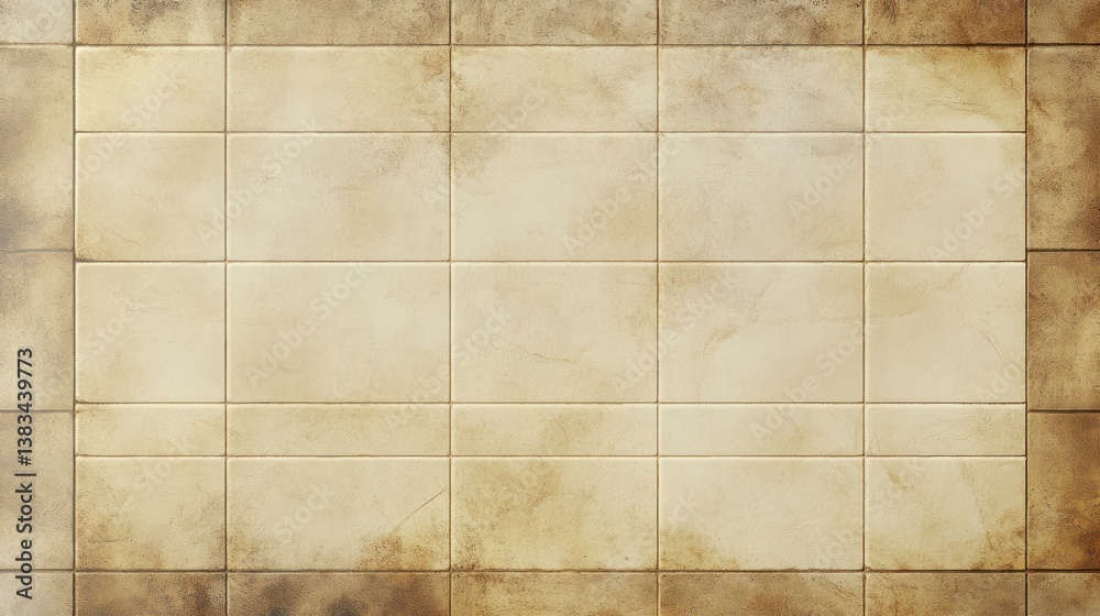 Fototapeta premium Beige tile floor, overhead view, aged texture, background, design
