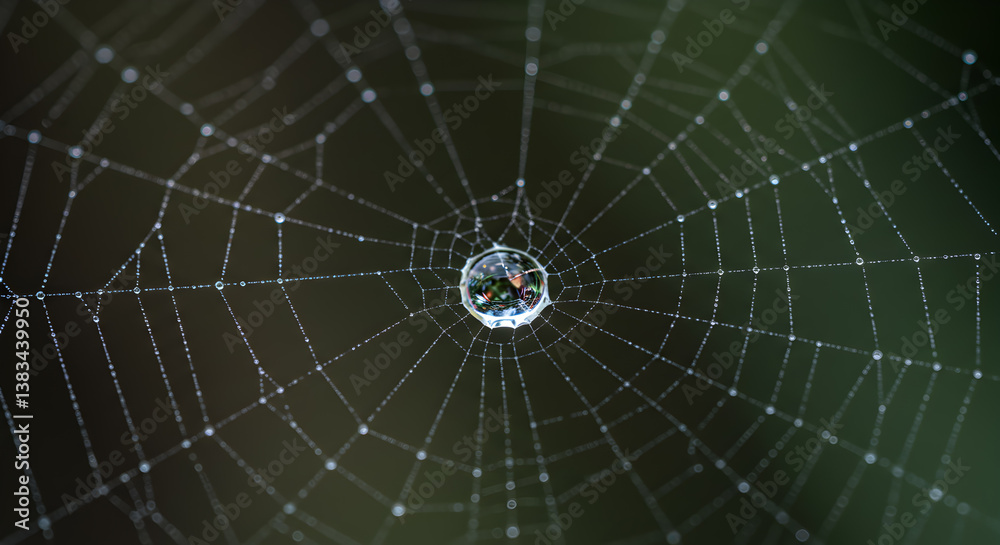 Fototapeta premium Delicate Spiderweb With Dew Drops, An Intriguing Nature Macro Photography