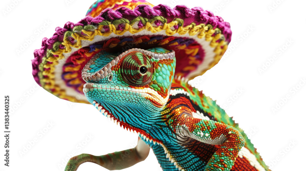 Fototapeta premium Chameleon in a Colorful Sombrero: A vibrant chameleon, its skin a kaleidoscope of hues, proudly dons a colorful sombrero, embodying a sense of festive fun and quirky charm.