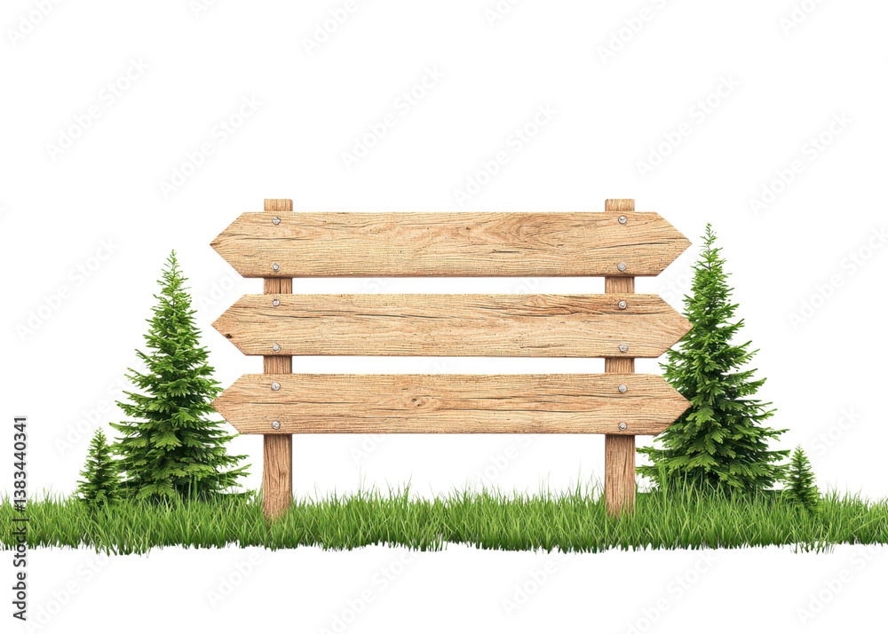 Naklejka premium Wooden signpost with three arrows on green grass with fir trees. Concept for direction, nature, and outdoor activities.