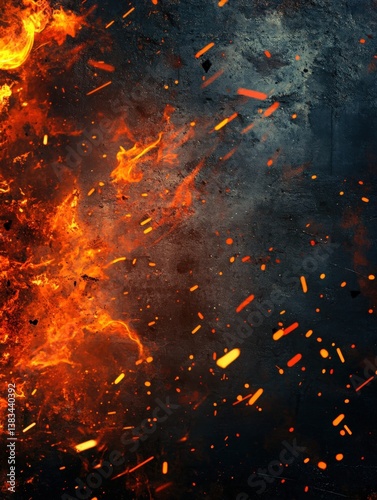 Fiery explosion with flying sparks on a dark textured background, symbolizing power and destruction. Perfect for action movie posters, gaming backgrounds, and dramatic visual effects.