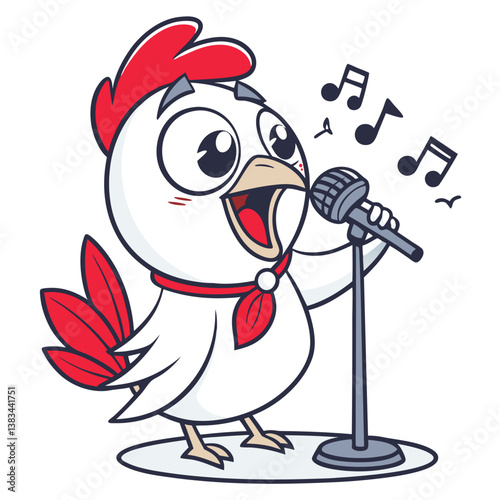 cute chicken singing with mic in white background