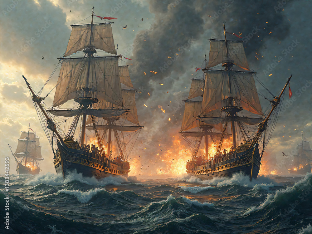 Fototapeta premium Sea battle burning ships fire cannons