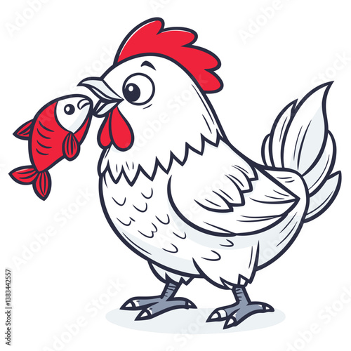 cute chicken holding small fish and ready to eat in white background