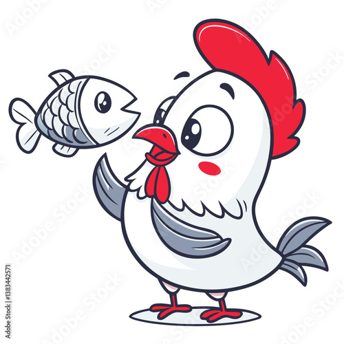 cute chicken holding small fish and ready to eat in white background