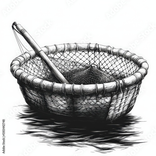 This creative black and white vector illustration showcases a traditional fishing creel