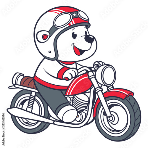 cute bear ride small classic motobike wearing classic helm in white background