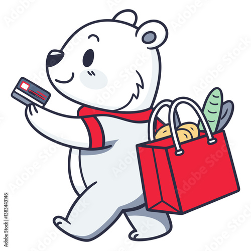 cute bear shopping with hold totebag and credit card in white background