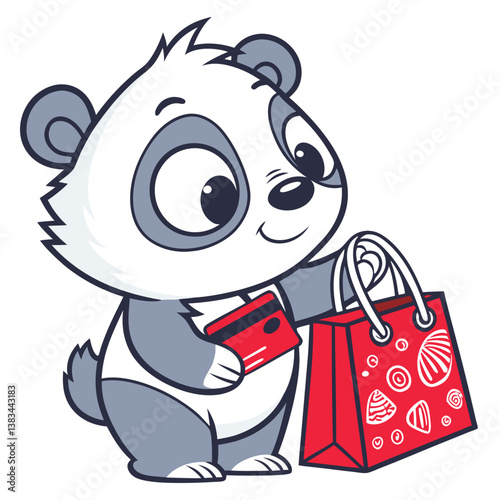 cute panda shopping with hold totebag and credit card in white background