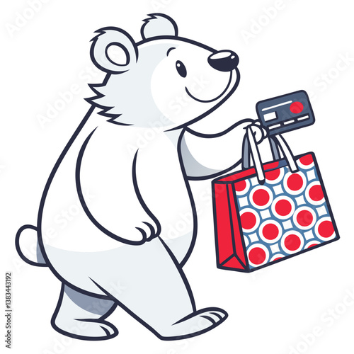 cute bear shopping with hold totebag and credit card in white background