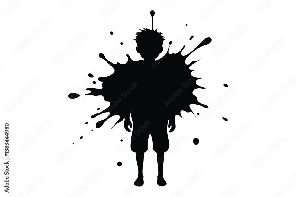 Standing Boy Silhouette with Paint Splash, Splatter Effect Standing Boy Silhouette with Paint Splash, Splatter Effect