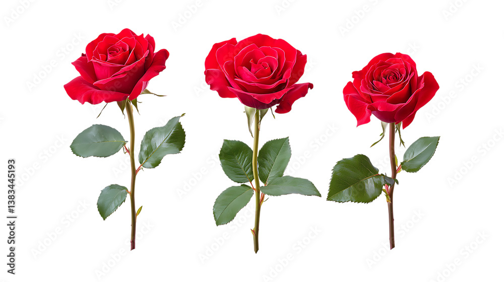 Fototapeta premium Three vibrant deep red roses with long green stems stand upright isolated on a stark transparent background for romance design.