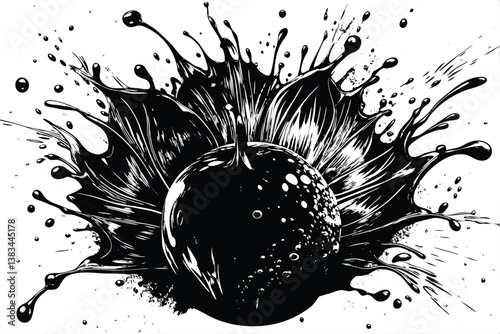 Monochrome Ink Explosion Black Liquid Splash with Sphere, 