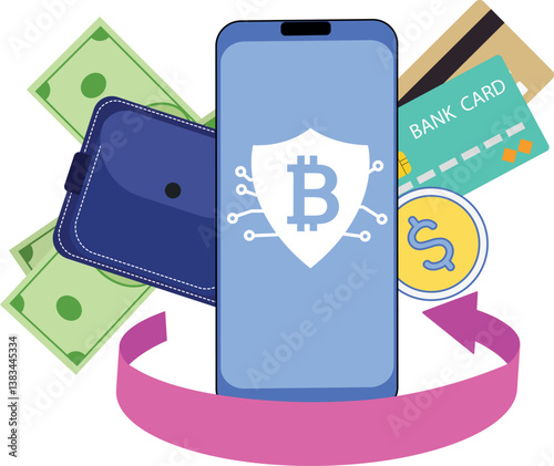 Cryptocurrency exchange, blockchain, bitcoin wallet. Safe money saving, digital currency, vector illustration electronic cash, dollar