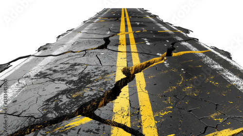 Road to Destruction: A cracked asphalt road, with yellow lane markings, showing a path to the devastation, symbolizing challenges or infrastructure failure.