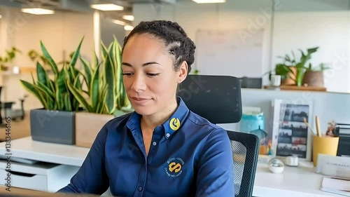Smiling female employee in branded polo shirt works attentively at desk in modern bright office space