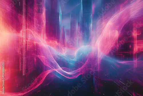 Abstract colorful digital composition representing an imagined cityscape with forms