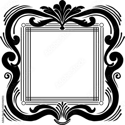 Elegant black ornamental frame with intricate vintage floral patterns and curved flourishes on a white background. Classic decorative border design. 