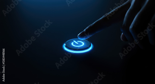 Wallpaper Mural Power Up: Finger Pressing Glowing Blue On/Off Button - Modern Technology, Start, Control, and Innovation Visual Torontodigital.ca